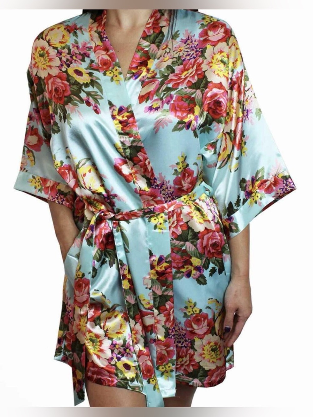 NWOT! Sz m/l Floral Satin Robe - Light Blue with Pink Floral Print